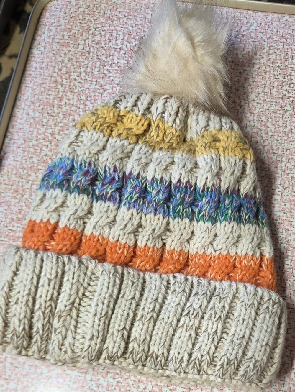 Chillmeister Cream Striped Cable Knit Beanie with Faux Fur Pom Pom